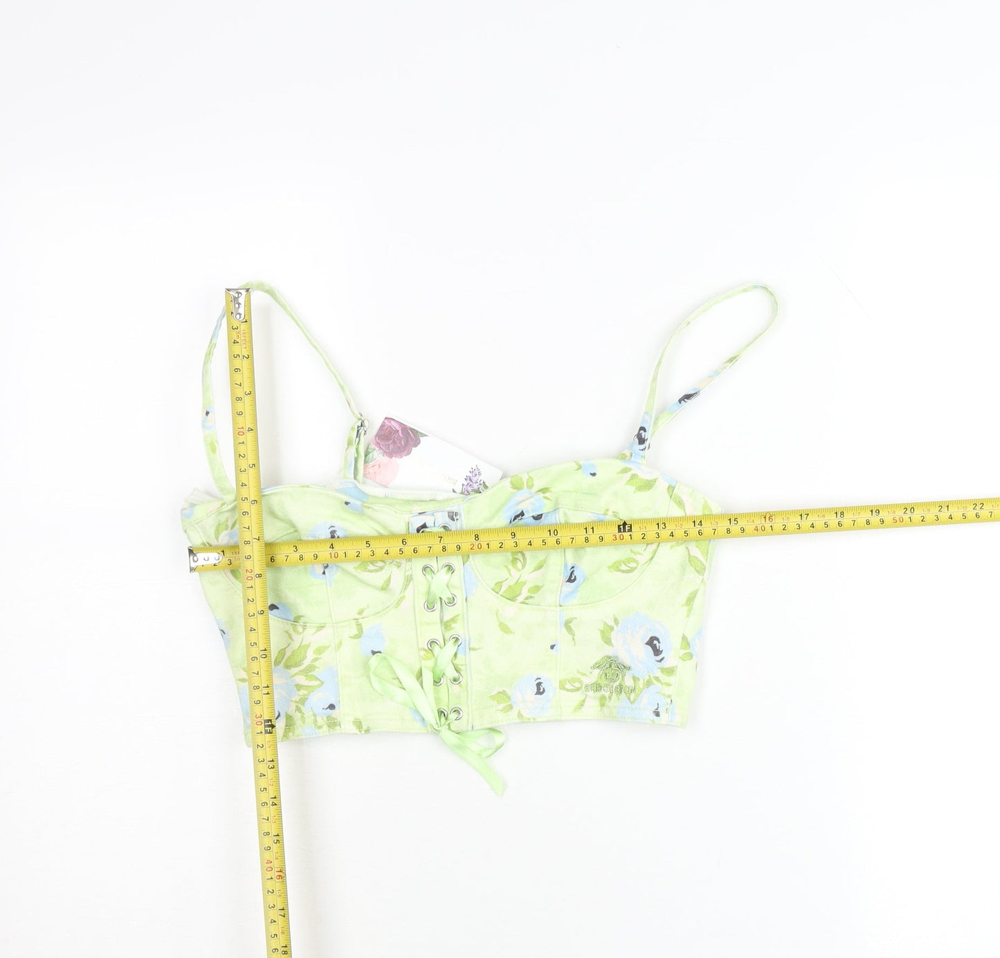 Stradivarius Women Green Floral Cropped Tank Top Size 8 Bridgerton