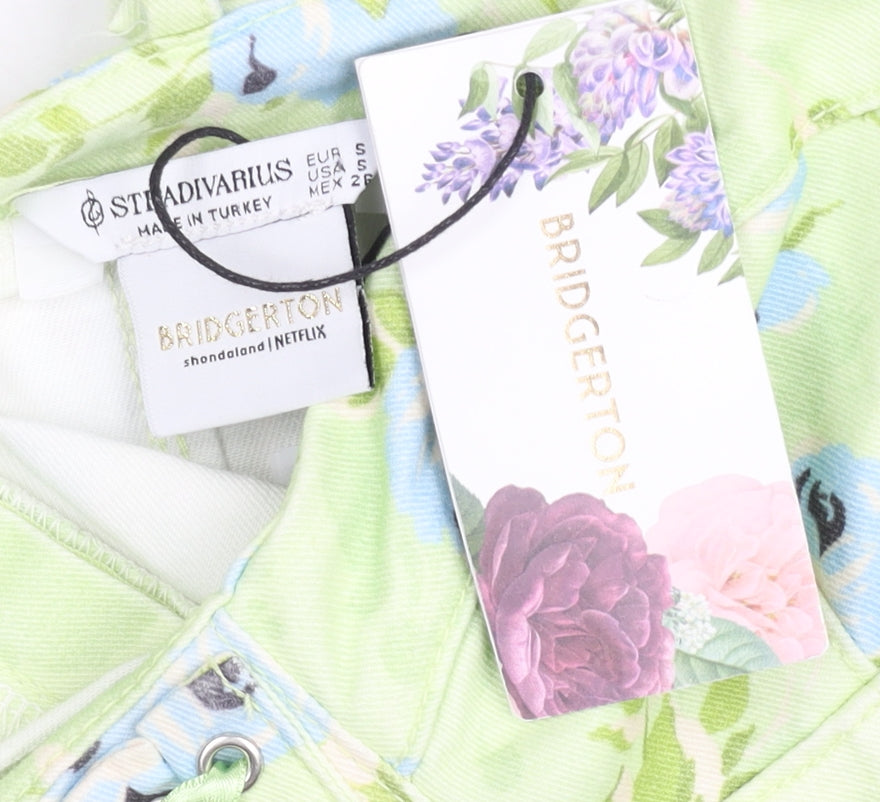 Stradivarius Women Green Floral Cropped Tank Top Size 8 Bridgerton