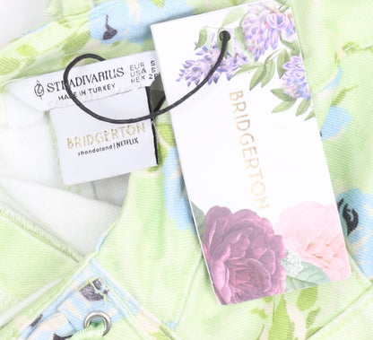 Stradivarius Women Green Floral Cropped Tank Top Size 8 Bridgerton