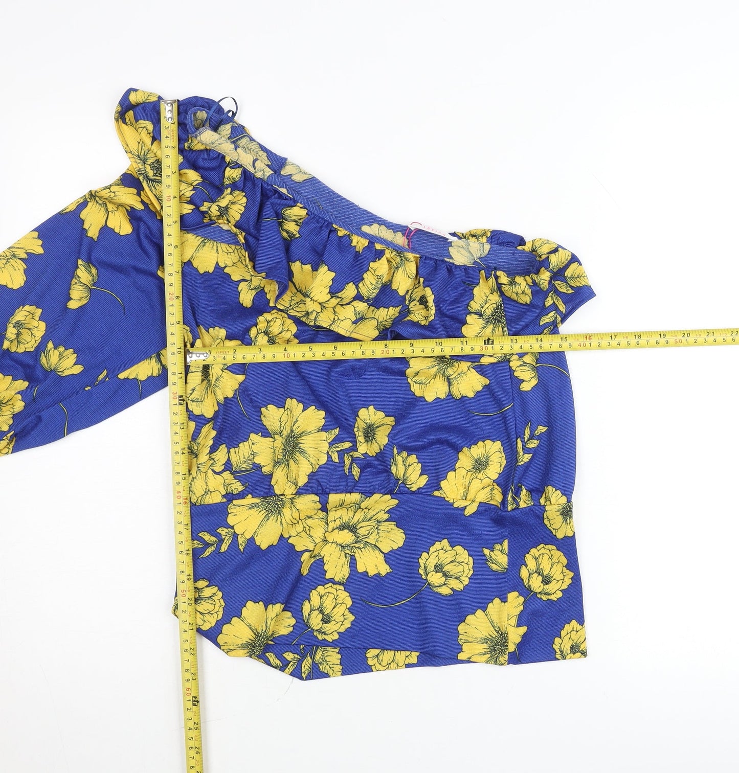 Savida Womens Blue Yellow Floral One Shoulder Blouse Size 12