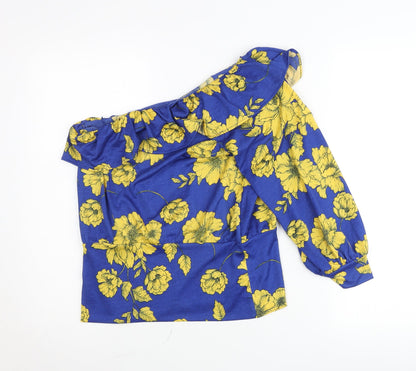 Savida Womens Blue Yellow Floral One Shoulder Blouse Size 12