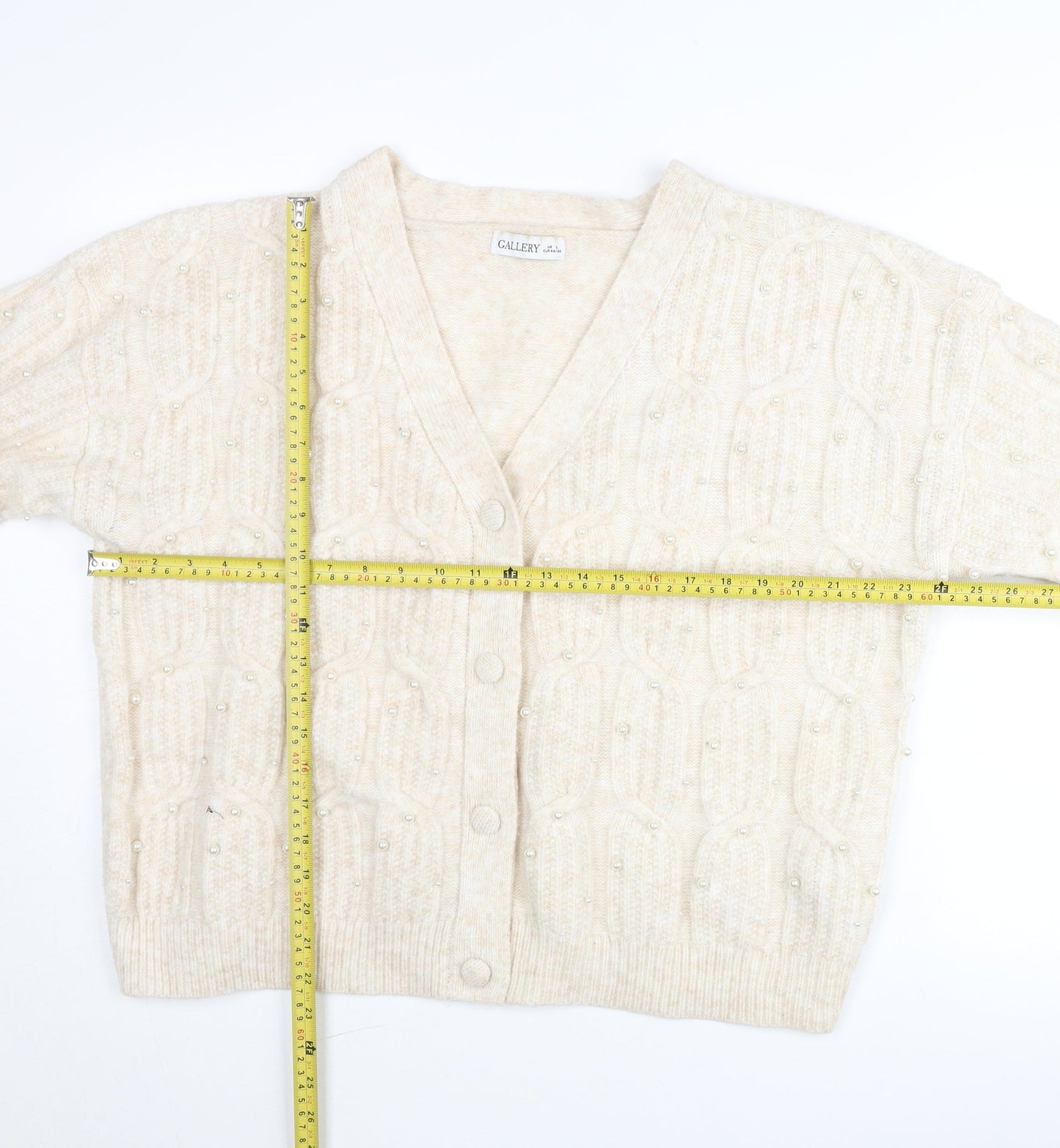 Gallery Women’s Beige Beaded Cable-Knit Cardigan Jumper Size L