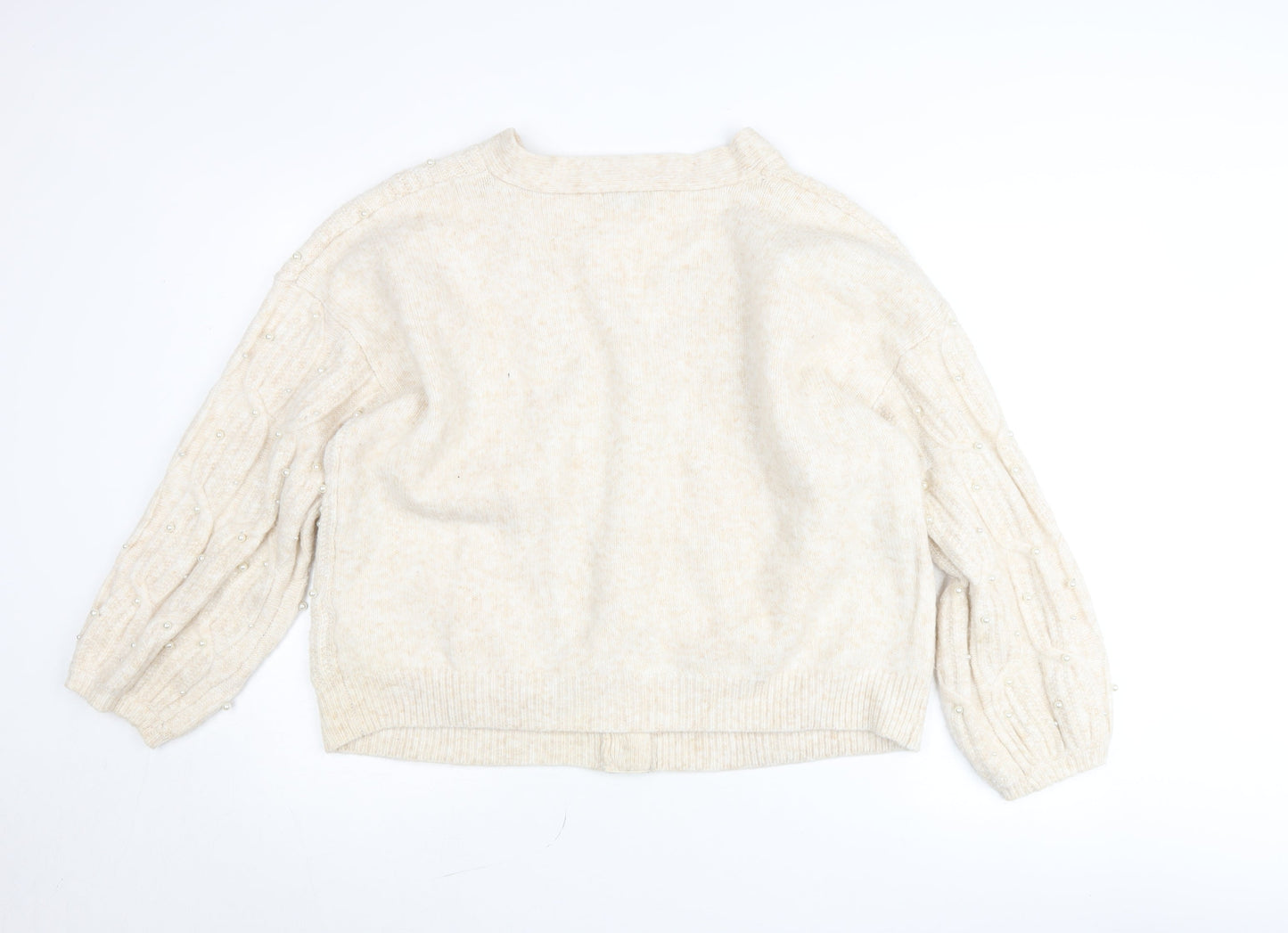 Gallery Women’s Beige Beaded Cable-Knit Cardigan Jumper Size L