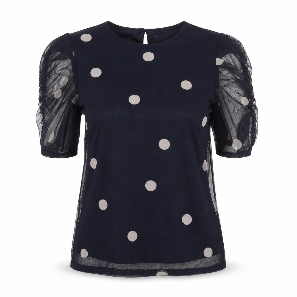 Front view of Principles women’s black polka dot blouse, size UK 10, puff sleeve