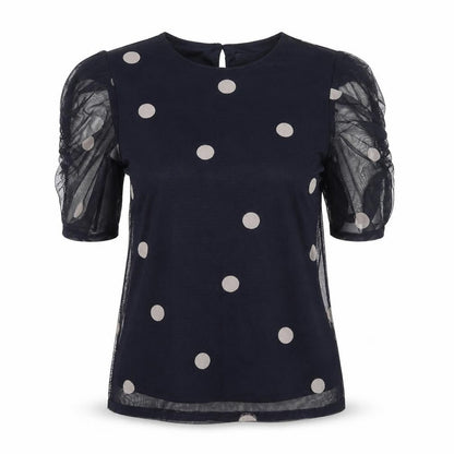 Front view of Principles women’s black polka dot blouse, size UK 10, puff sleeve