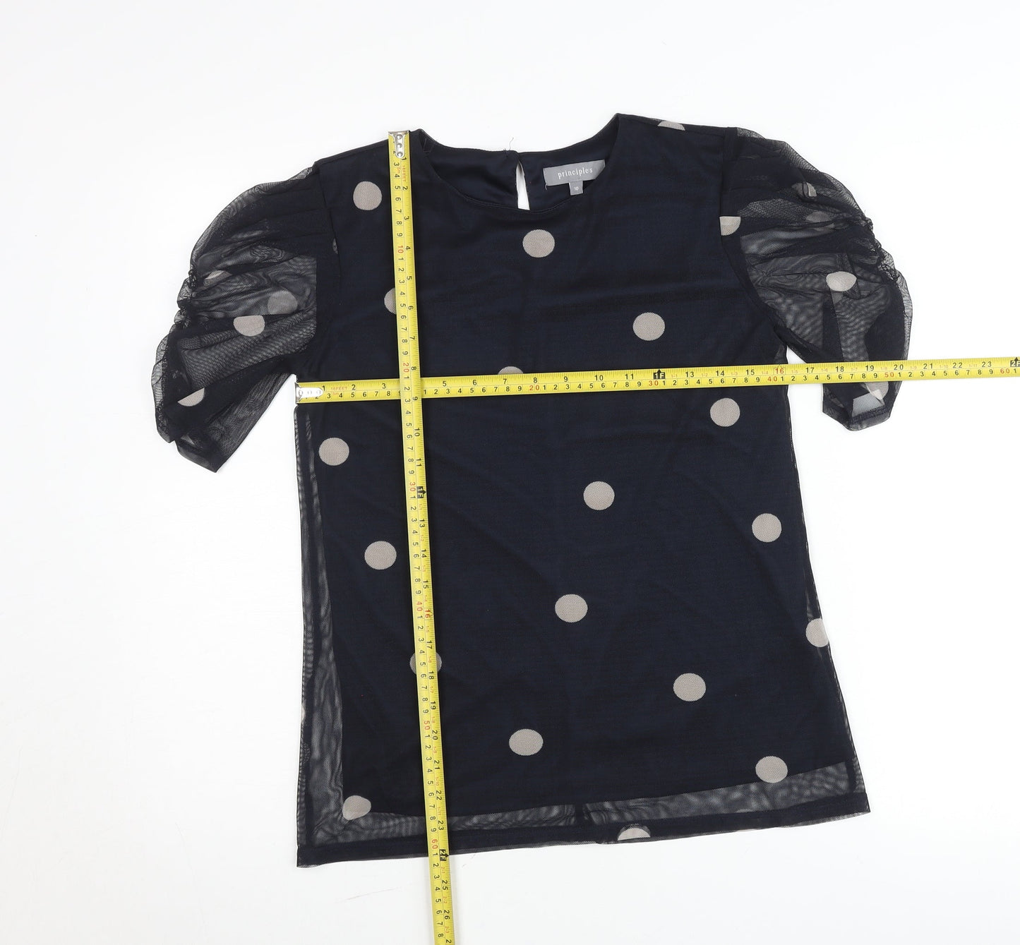 Principles Womens Black Polka Dot Blouse Size 10 Puff Sleeve