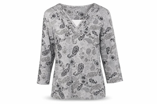Maine New England Women’s Grey Floral V-Neck Tunic Blouse Size 14