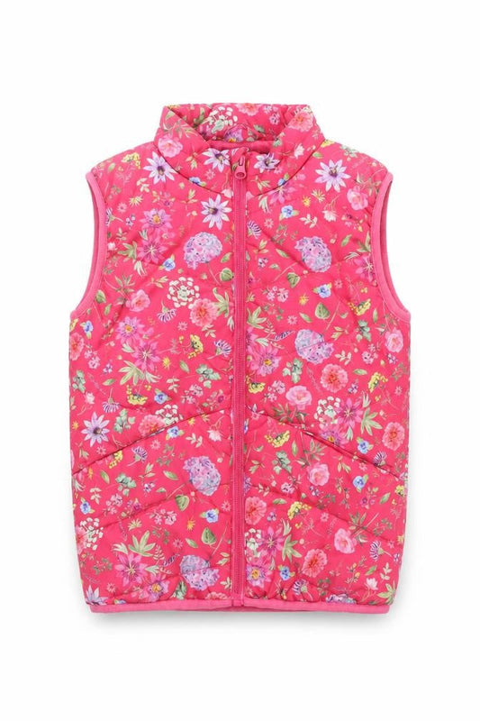 Front view of NAME IT girls’ pink floral padded waistcoat jacket 6 years polyester
