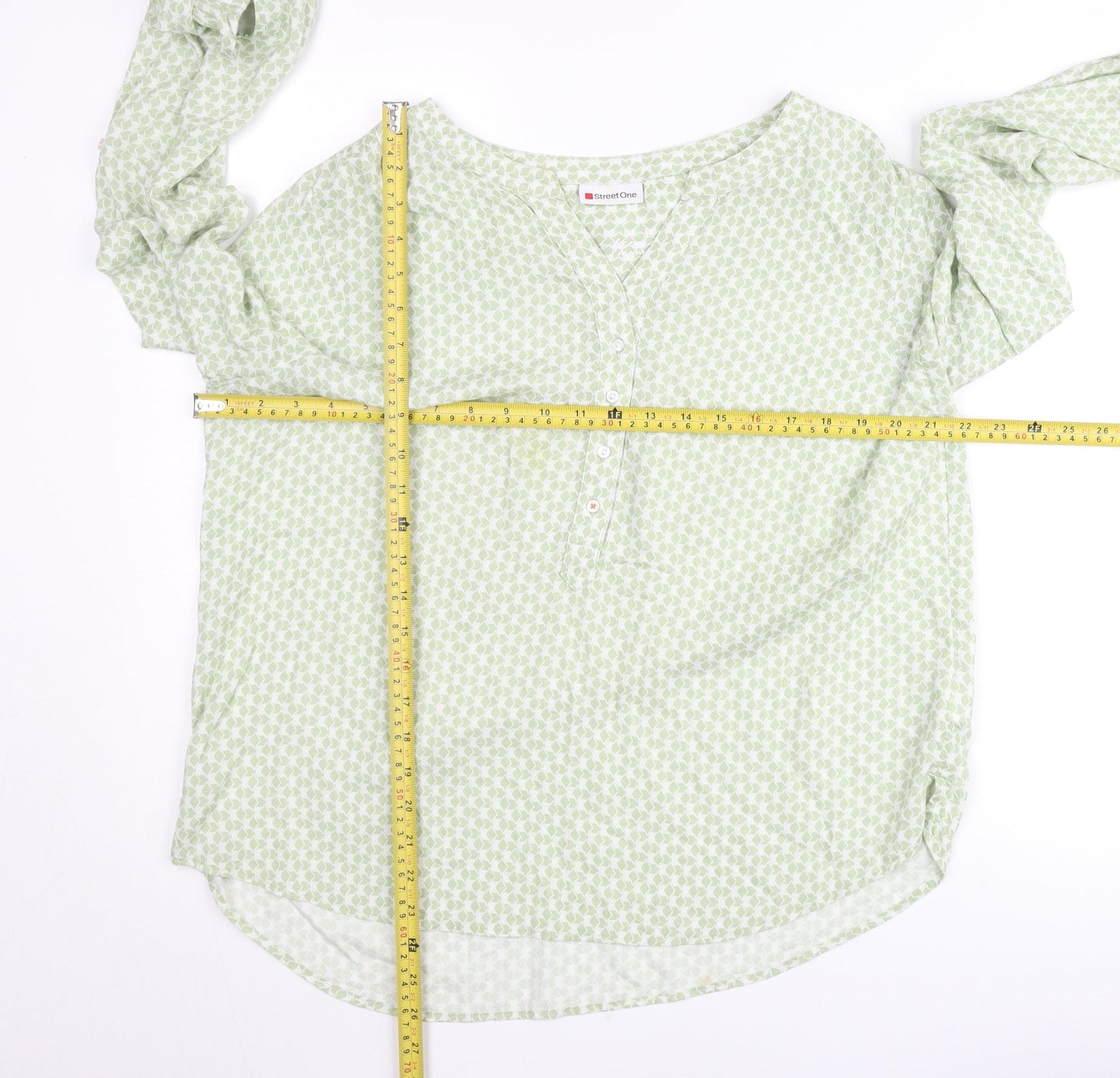 Street One Women Green Geometric Blouse Size 12 Long Sleeve Cotton