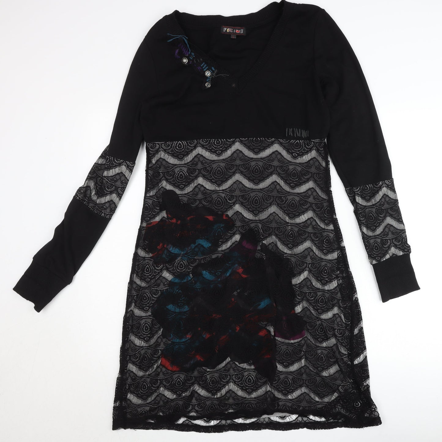 Frime Womens Black Multicoloured Lace Shift Dress Size L