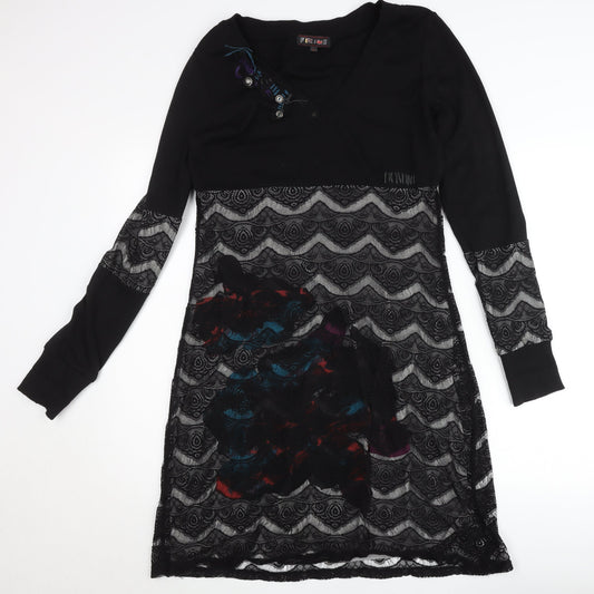 Frime Womens Black Multicoloured Lace Shift Dress Size L
