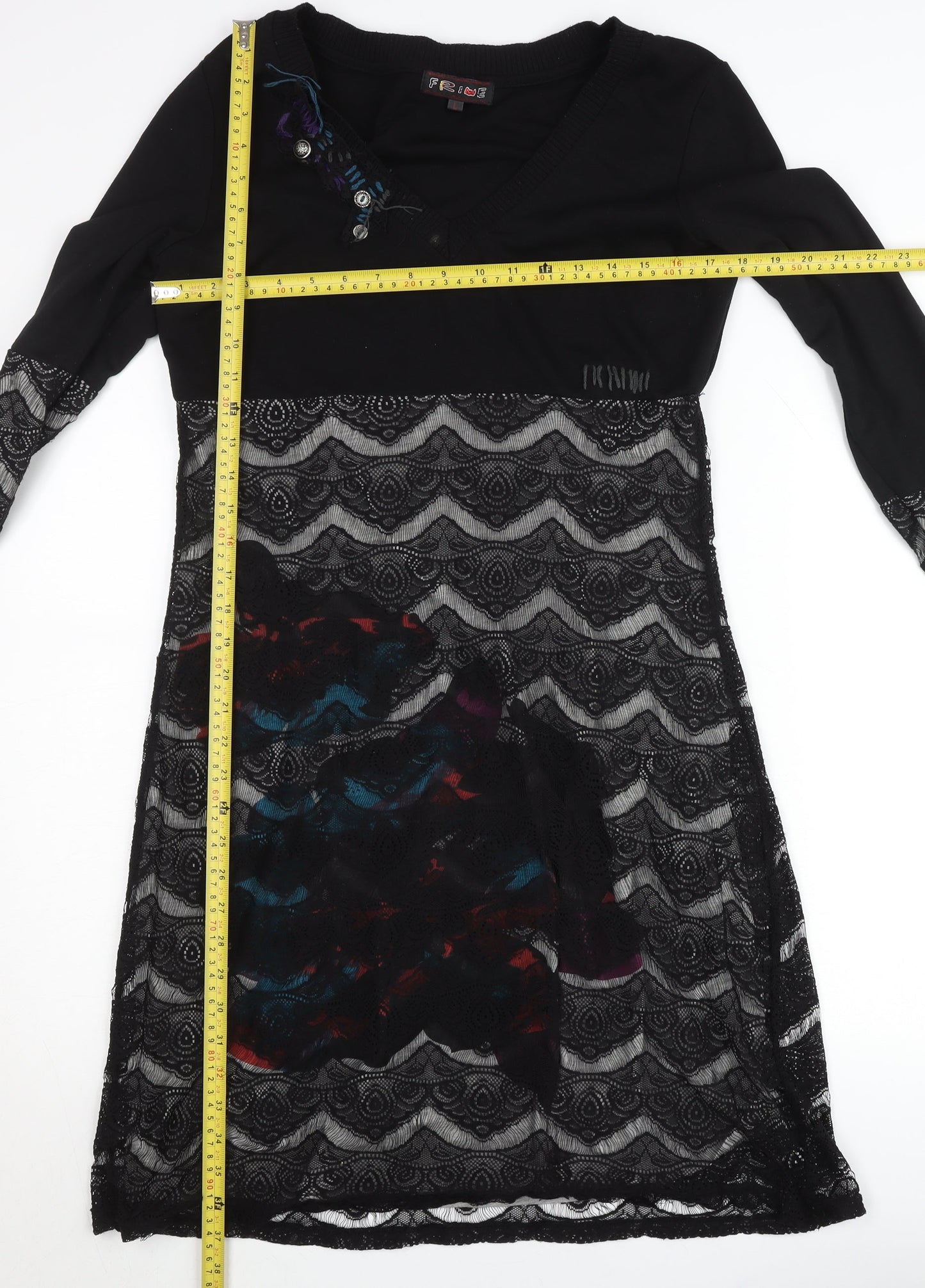 Frime Womens Black Multicoloured Lace Shift Dress Size L