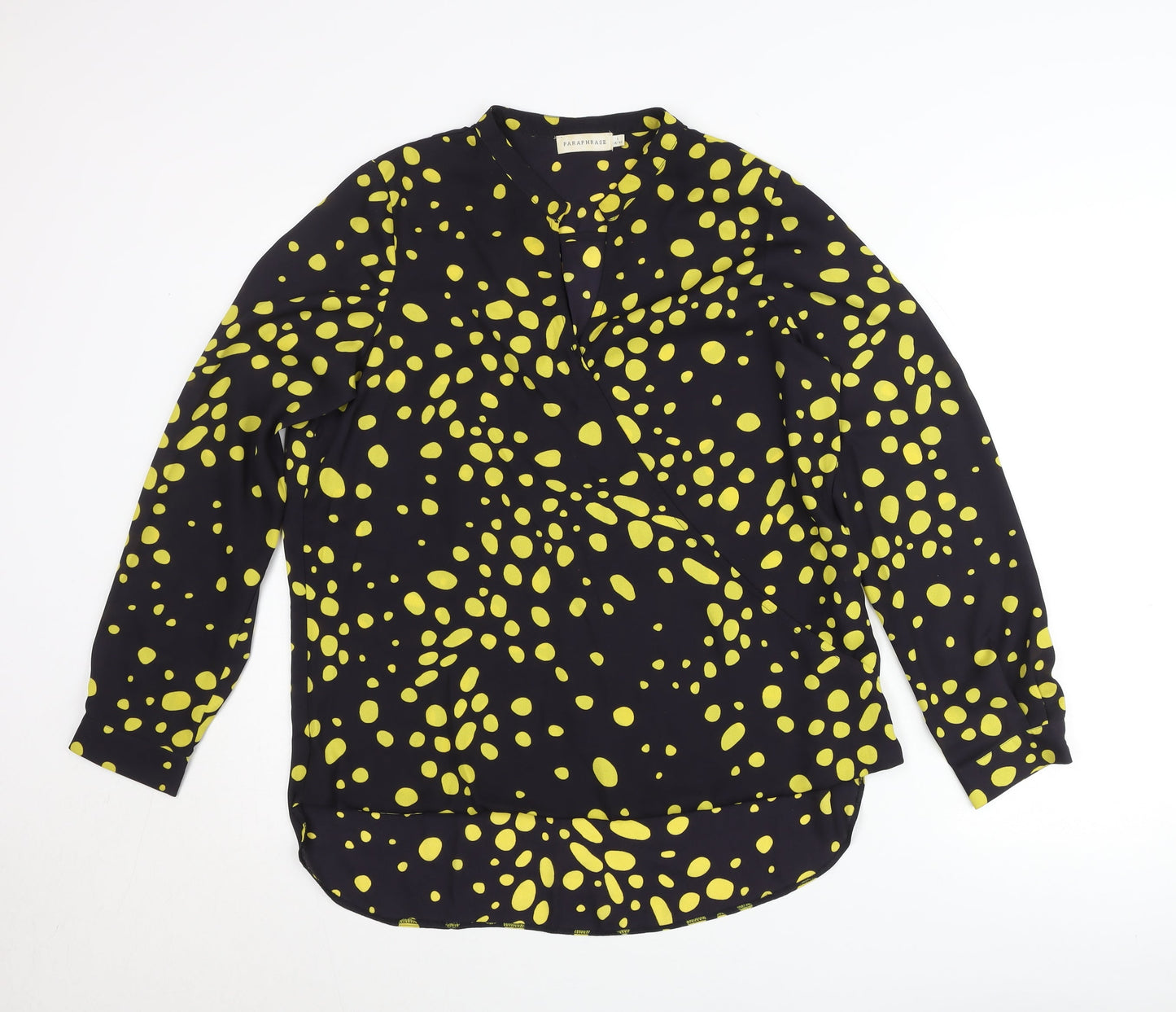 Paraphrase Women’s Black Yellow Polka Dot Blouse L 14 Tunic Long Sleeve