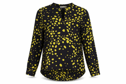 Paraphrase Women’s Black Yellow Polka Dot Blouse L 14 Tunic Long Sleeve