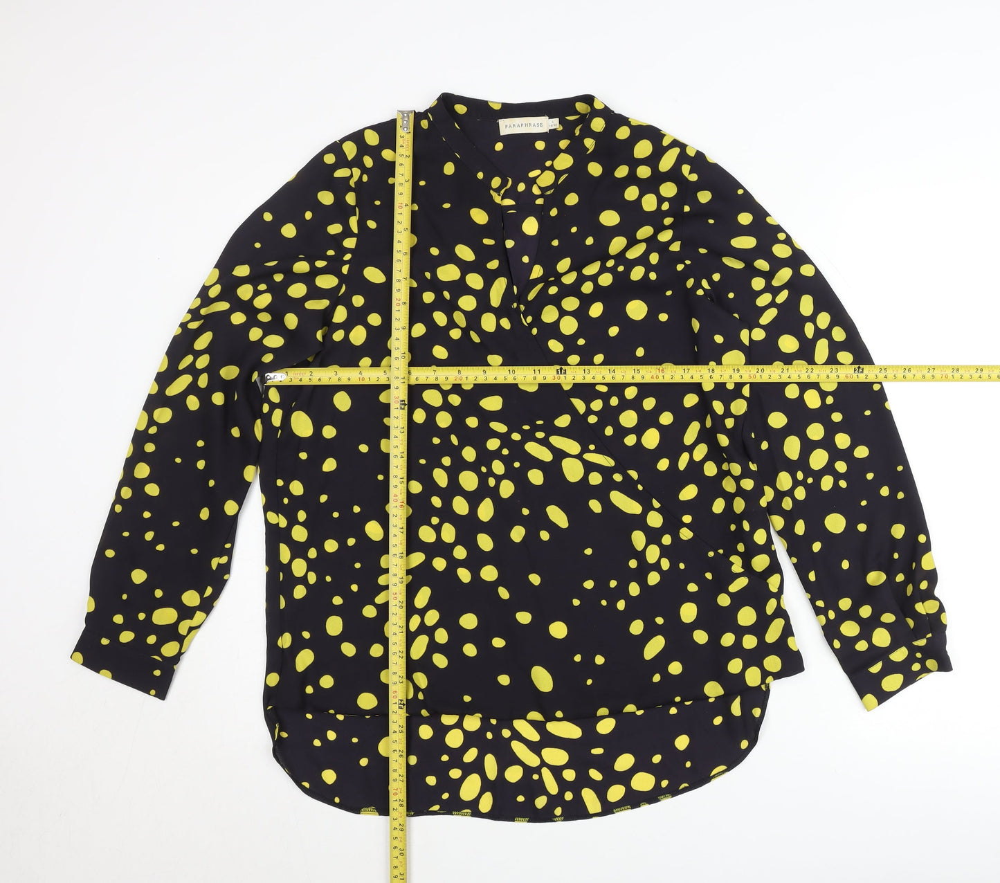 Paraphrase Women’s Black Yellow Polka Dot Blouse L 14 Tunic Long Sleeve