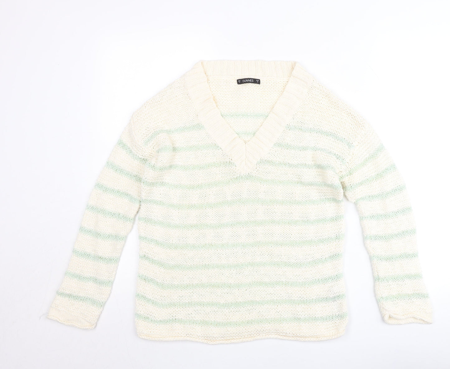 Dunnes Women’s Ivory Green Striped V-Neck Pullover Jumper Size S