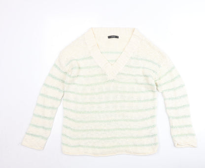 Dunnes Women’s Ivory Green Striped V-Neck Pullover Jumper Size S