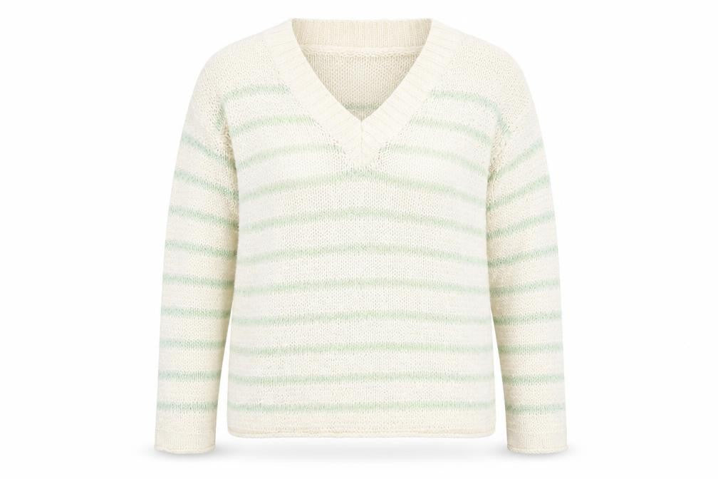 Front view of Dunnes Women’s Ivory Green Striped V-Neck jumper, size S