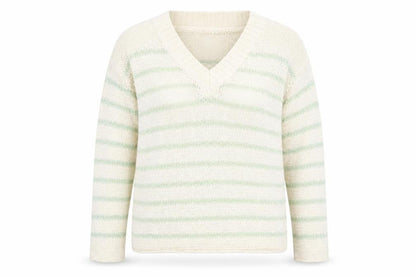 Front view of Dunnes Women’s Ivory Green Striped V-Neck jumper, size S