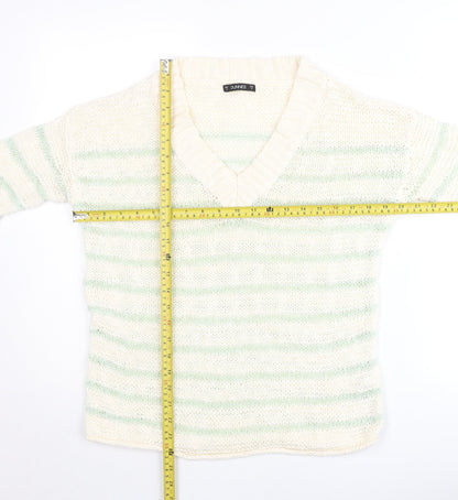 Dunnes Women’s Ivory Green Striped V-Neck Pullover Jumper Size S