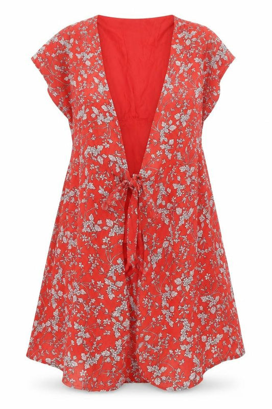 Majolica Womens Red Floral Wrap Dress M Short Sleeve V-Neck