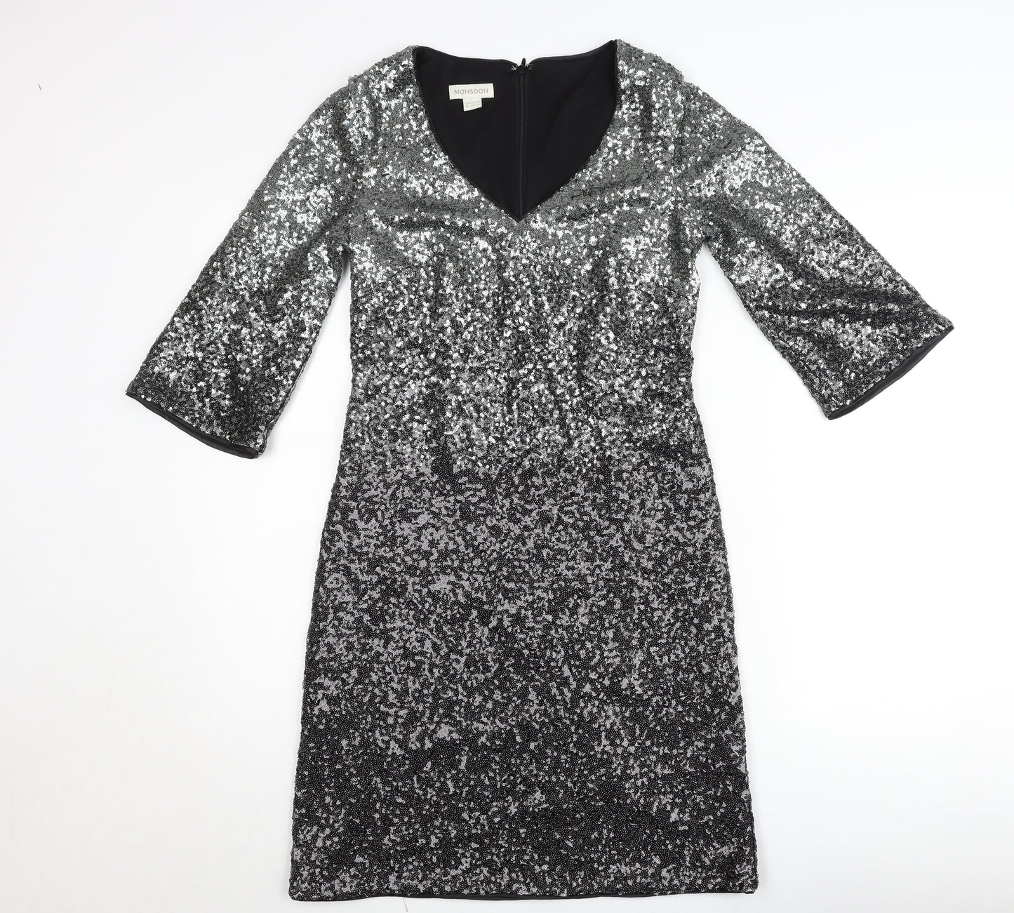 Monsoon Women’s Silver Sequin Sheath Party Dress UK 10 V-Neck