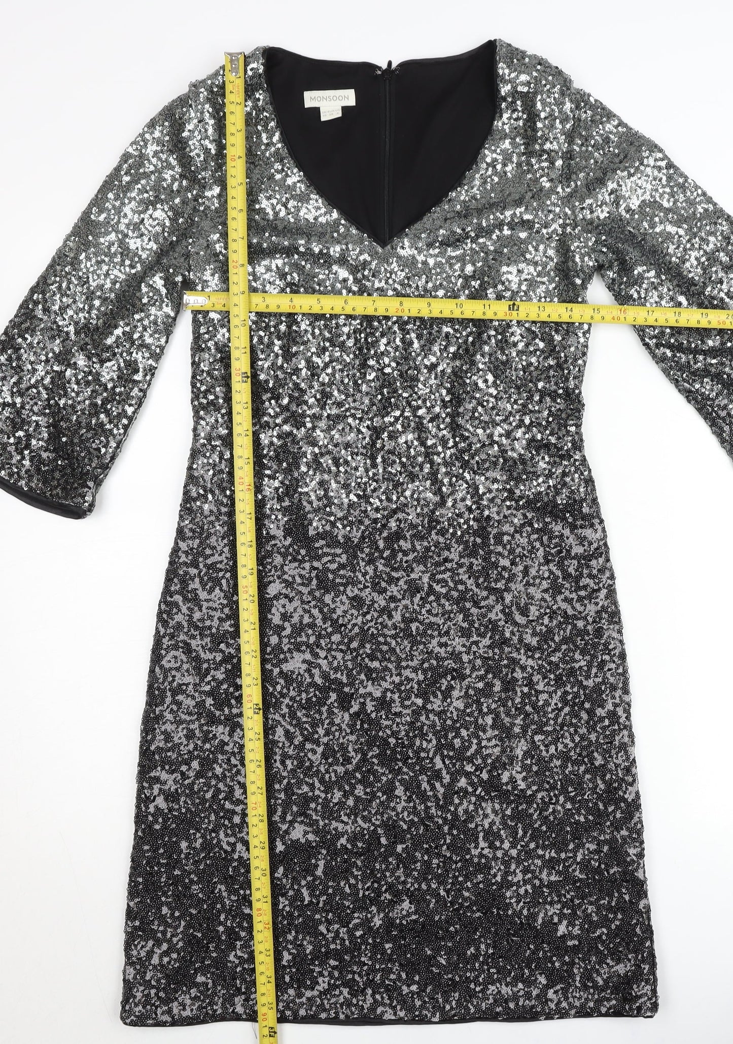 Monsoon Women’s Silver Sequin Sheath Party Dress UK 10 V-Neck