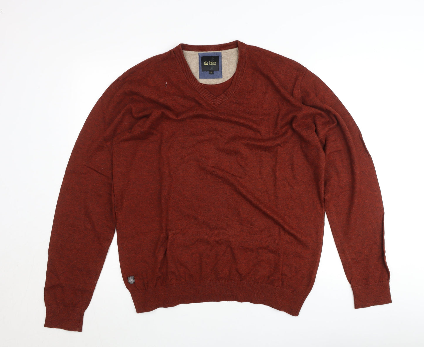 6th Sense Men’s Brown Wool Cotton V-Neck Jumper XL Classic Knit