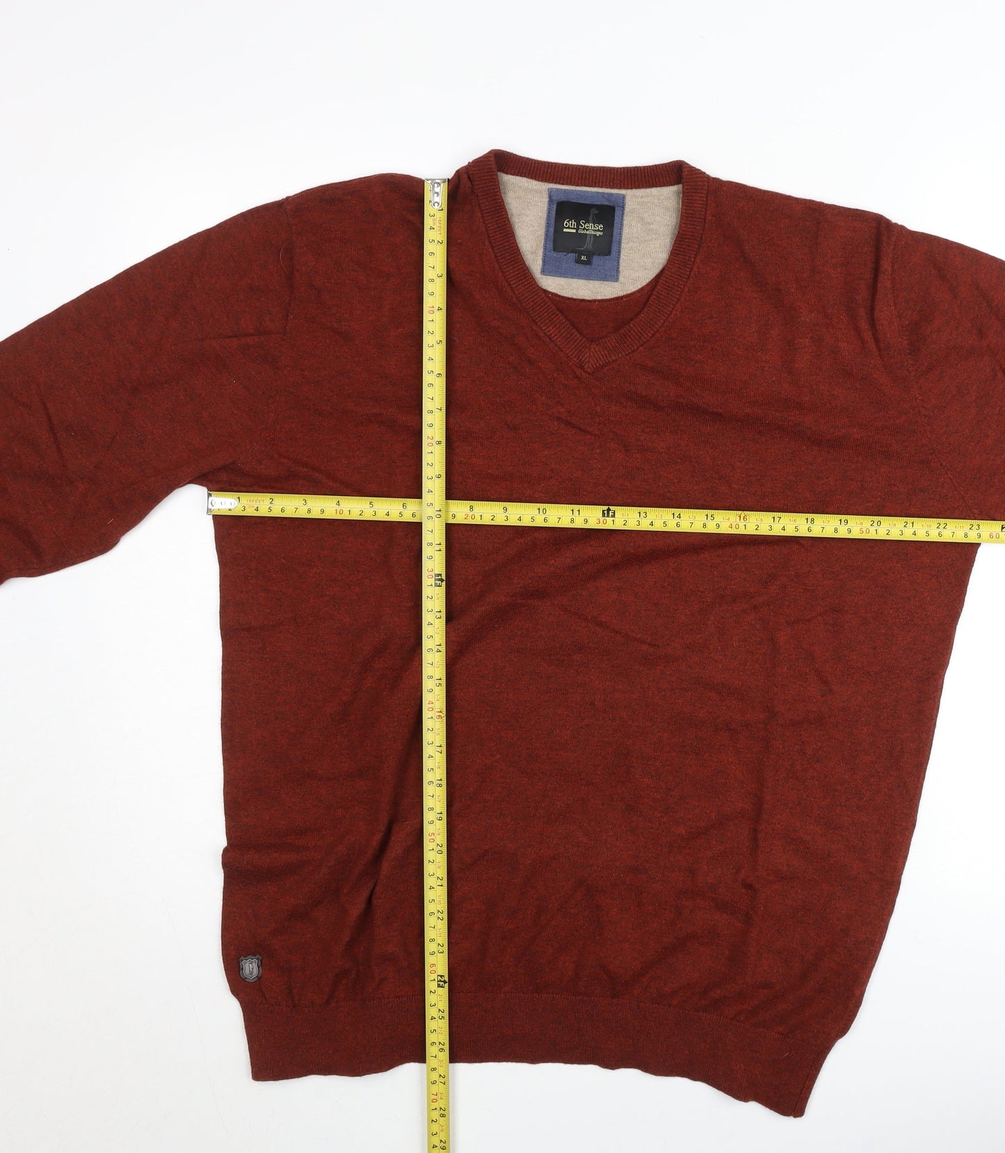 6th Sense Men’s Brown Wool Cotton V-Neck Jumper XL Classic Knit