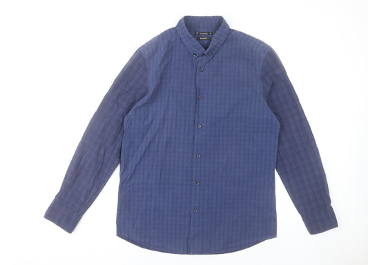 Front view of Dunnes Men's Blue Slim Fit Checked Button-Up Shirt Medium 38-40"