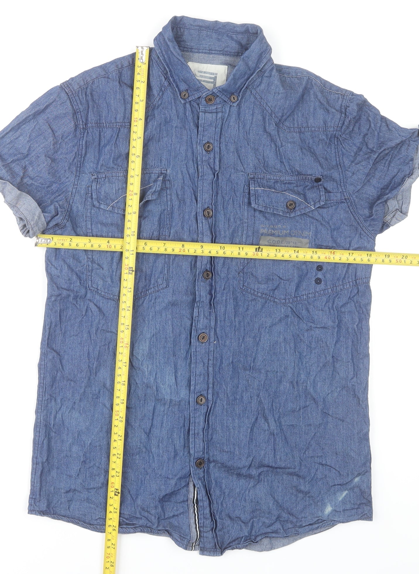 Smith & Jones Men’s Blue Short Sleeve Denim Cotton Button-Up Shirt Size S
