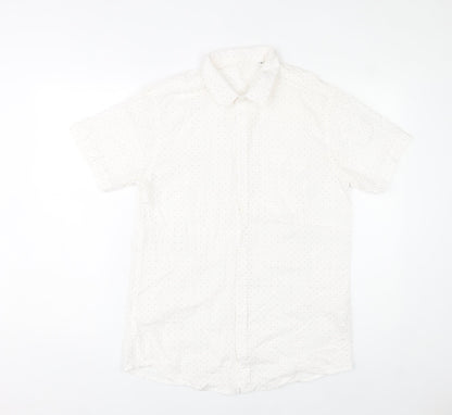 Mana Men’s White Polka Dot Cotton Short Sleeve Button-Up Shirt M
