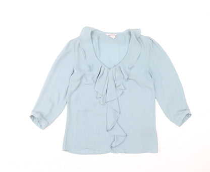 H&M Women Blue Ruffle V-Neck Blouse Size 6 Tunic 3/4 Sleeve Polyester