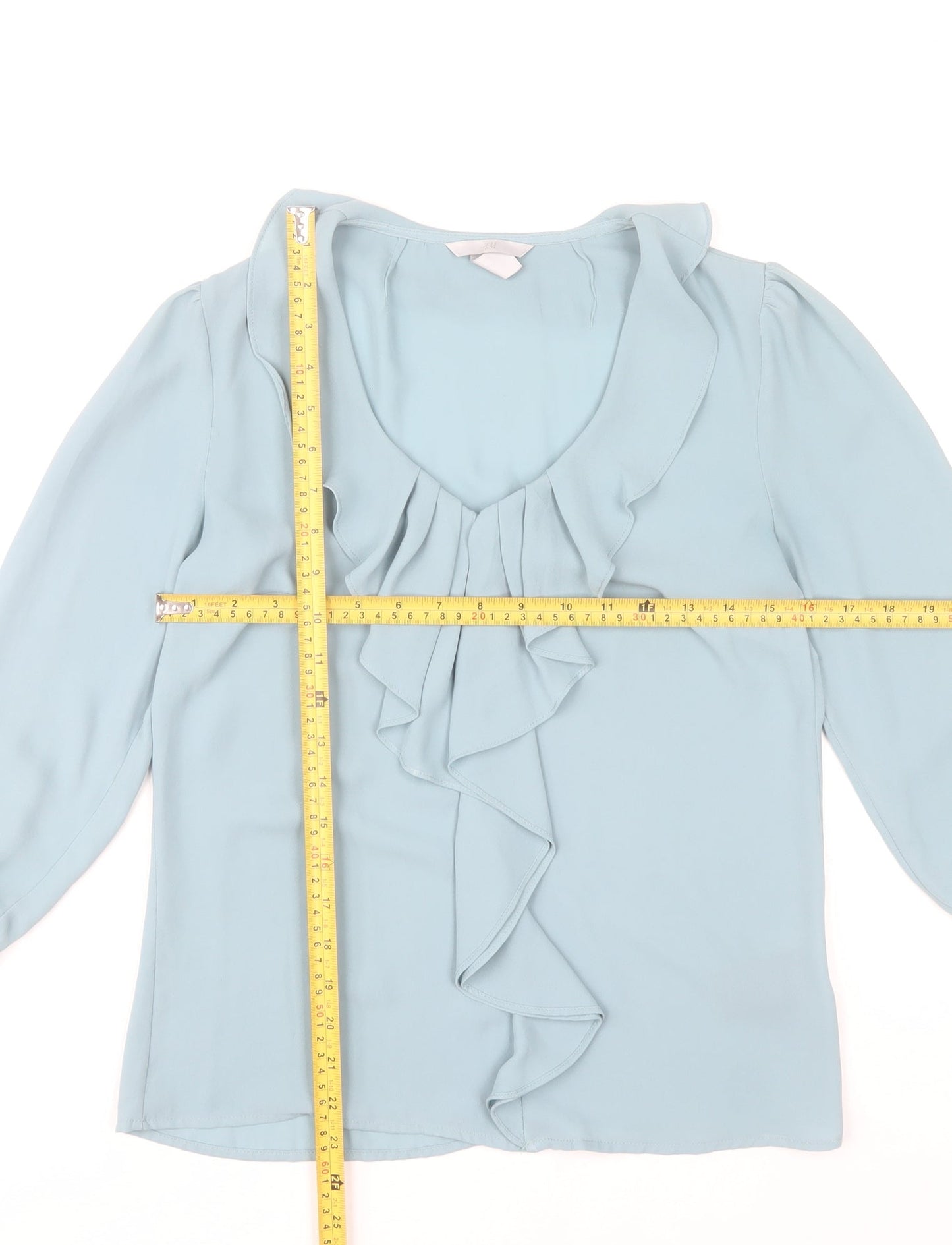 H&M Women Blue Ruffle V-Neck Blouse Size 6 Tunic 3/4 Sleeve Polyester