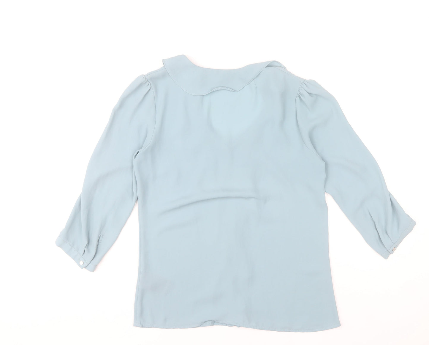 H&M Women Blue Ruffle V-Neck Blouse Size 6 Tunic 3/4 Sleeve Polyester