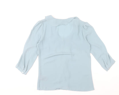 H&M Women Blue Ruffle V-Neck Blouse Size 6 Tunic 3/4 Sleeve Polyester