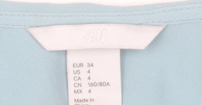 H&M Women Blue Ruffle V-Neck Blouse Size 6 Tunic 3/4 Sleeve Polyester