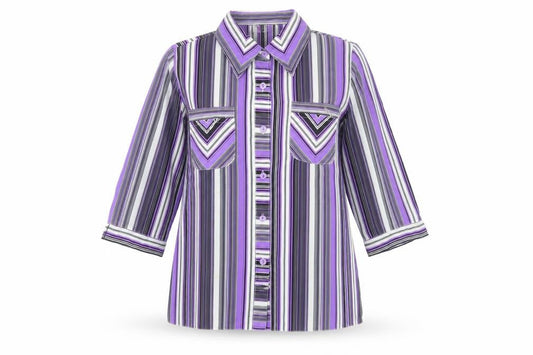 Domitex Women’s Purple Striped Button-Up Shirt Size 12 3/4 Sleeve