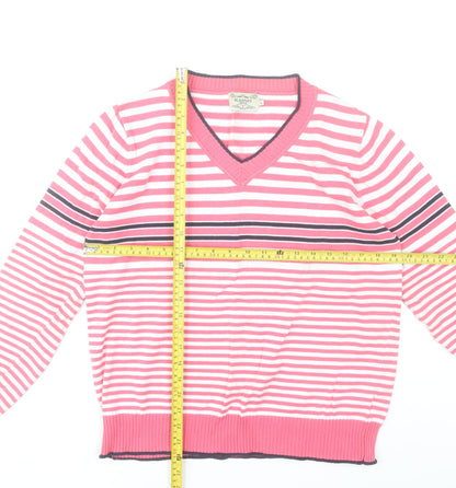 Blarney Womens Pink Striped Cotton V-Neck Jumper Size L