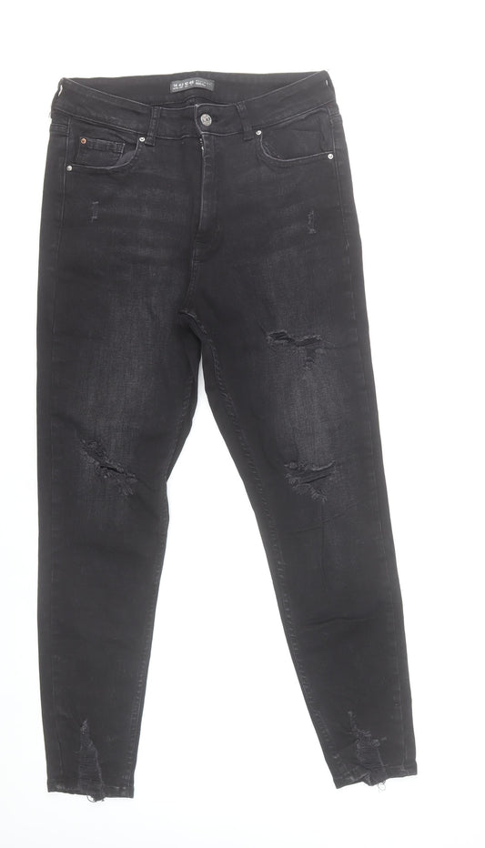 Additional front view of Denim Co. women’s black, size UK 14, skinny distressed stretch jeans