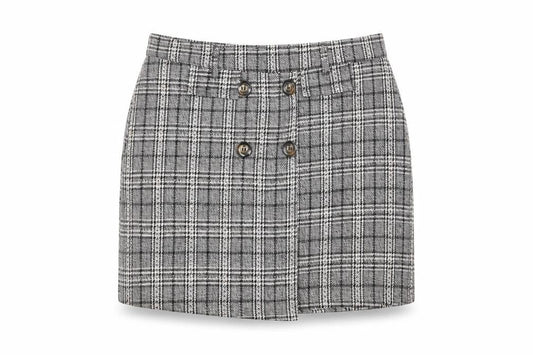 QED London Women Grey Check Tweed Short Skirt Size 14 Work Casual