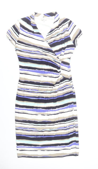 CC Women’s L Striped V-Neck Wrap Dress Short Sleeve Knee Length