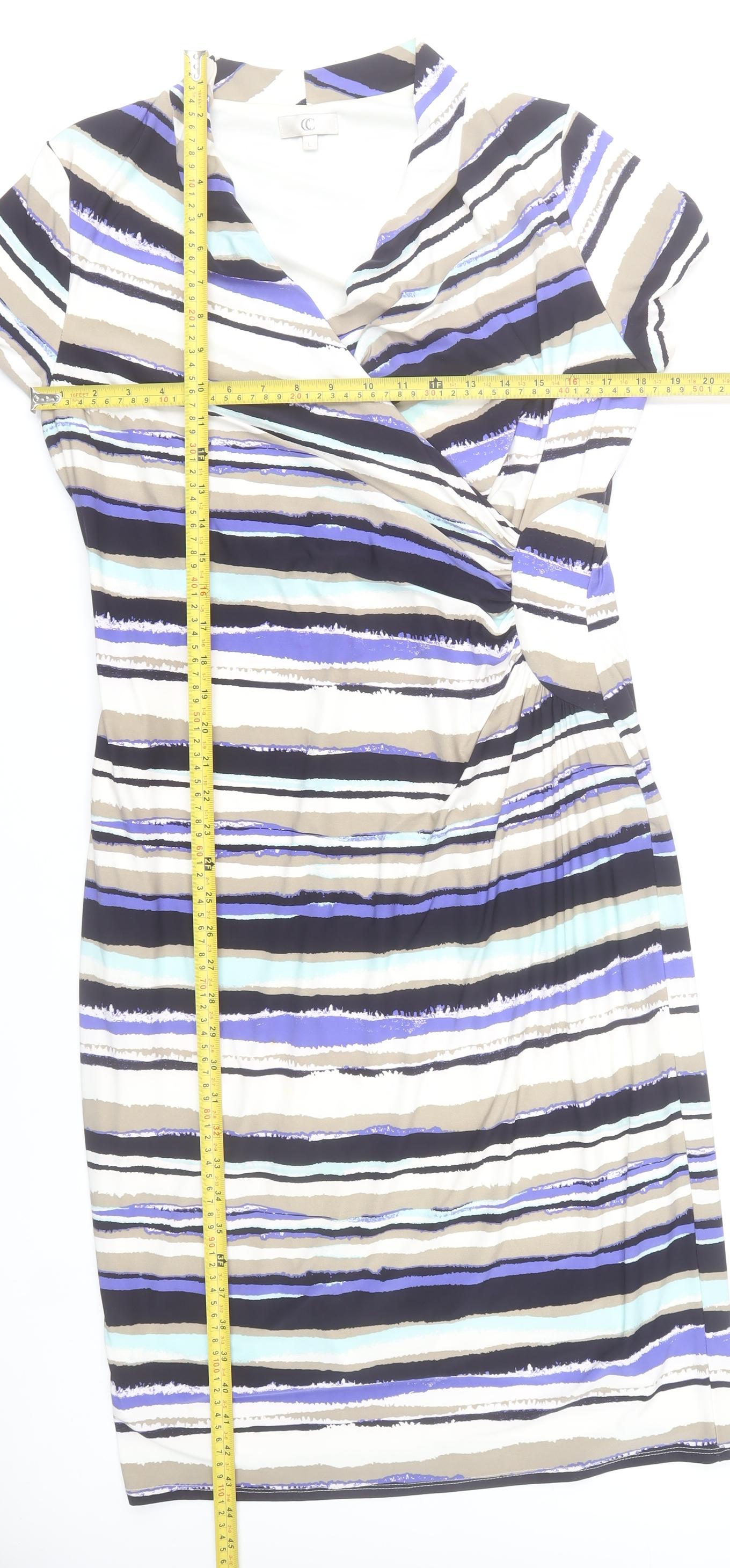 CC Women’s L Striped V-Neck Wrap Dress Short Sleeve Knee Length