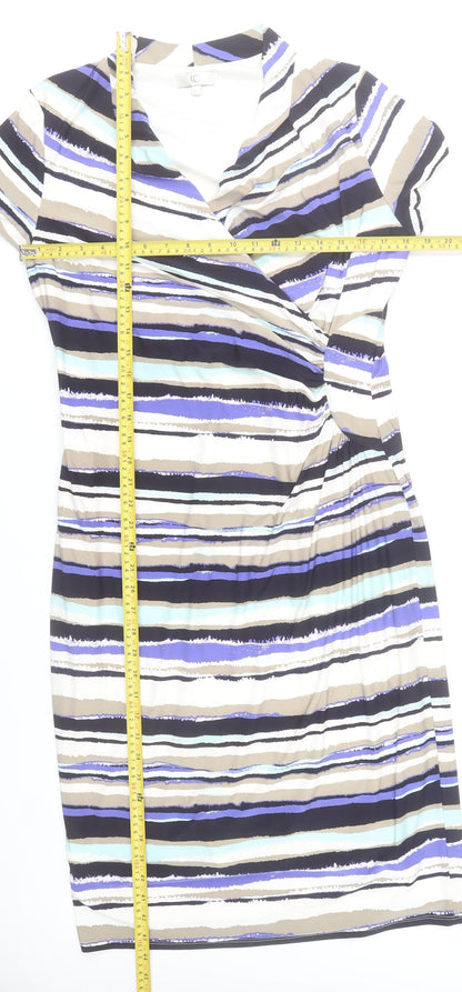 CC Women’s L Striped V-Neck Wrap Dress Short Sleeve Knee Length