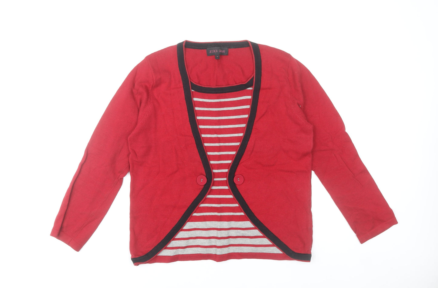 Jessica Graaf Womens Red Cotton Cardigan M Regular V-Neck Striped