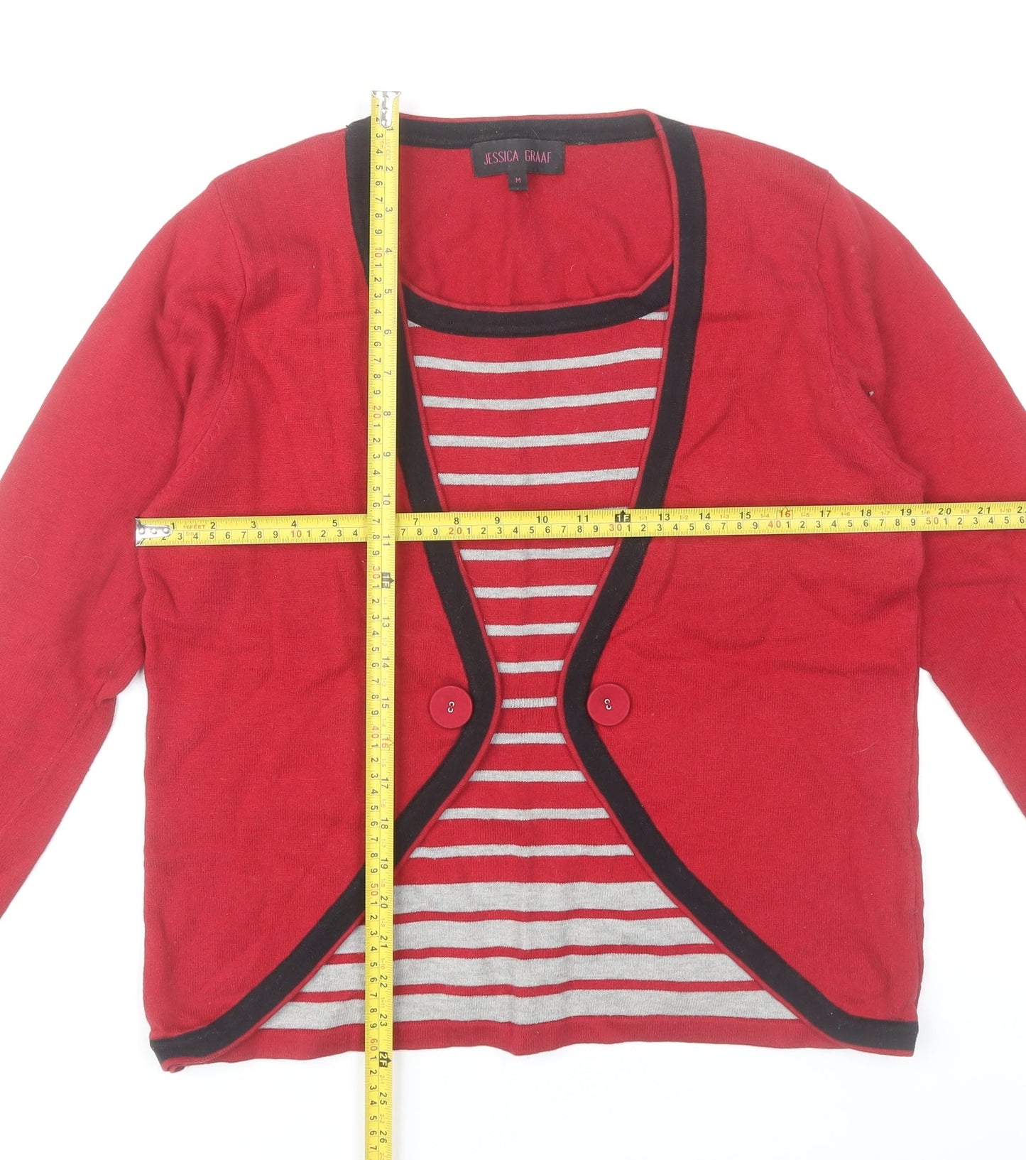 Jessica Graaf Womens Red Cotton Cardigan M Regular V-Neck Striped