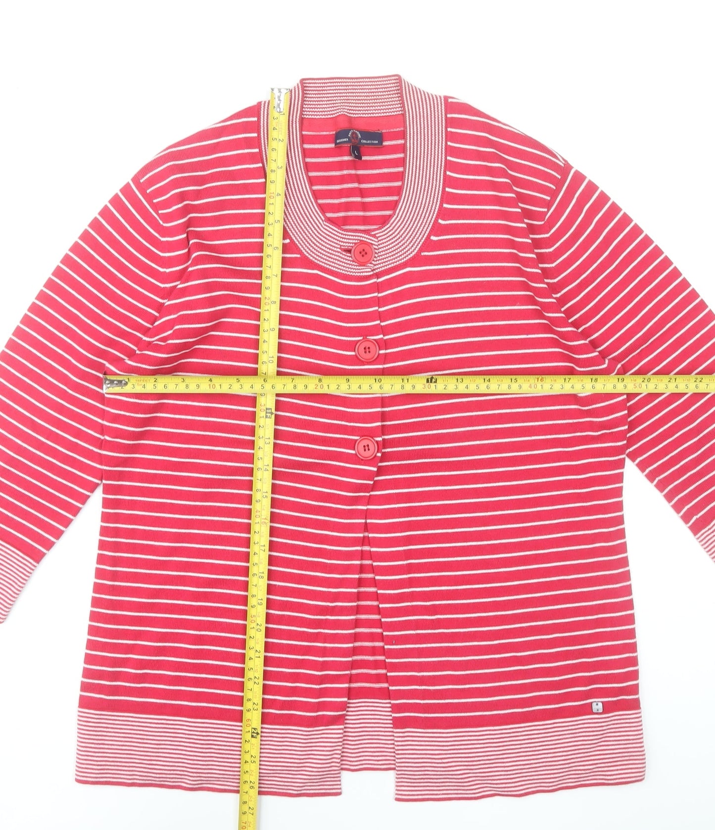 Paco Marine Women Red Striped Cotton Cardigan L V-Neck 3/4 Sleeve