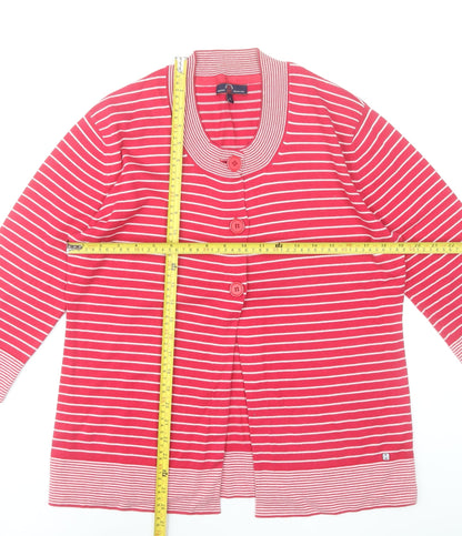 Paco Marine Women Red Striped Cotton Cardigan L V-Neck 3/4 Sleeve