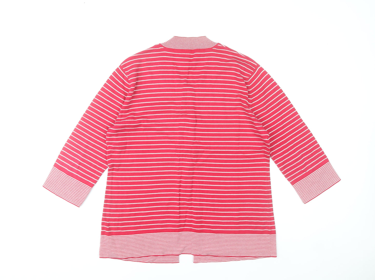 Paco Marine Women Red Striped Cotton Cardigan L V-Neck 3/4 Sleeve