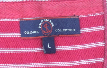 Paco Marine Women Red Striped Cotton Cardigan L V-Neck 3/4 Sleeve